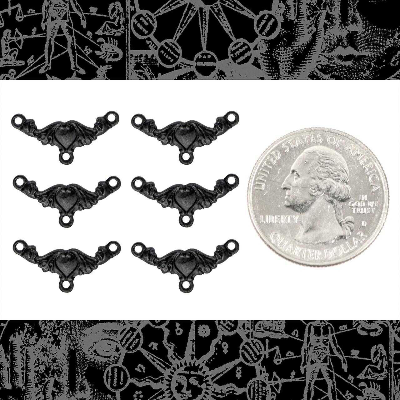 Black Plated Brass Finish Heart Three Ring Connectors - Set of Six - BB-3C28